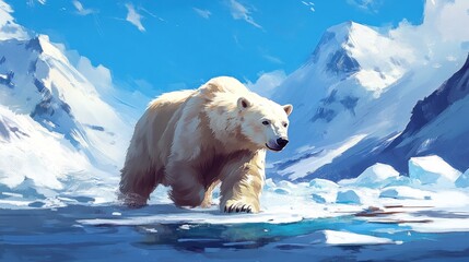 Obraz premium Polar bear walking arctic ice, snowy mountains background, wildlife scene