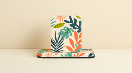 Tropical leaf phone case and stand on neutral background; lifestyle product shot for online store