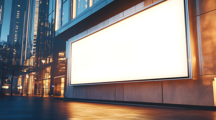illuminated blank signboard on the exterior wall of a modern building 