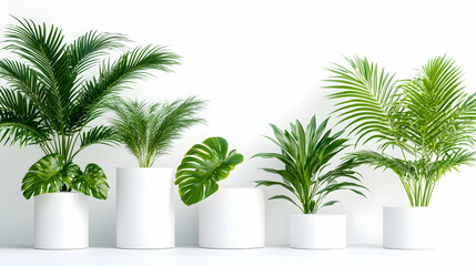 Obraz premium Tropical plants in white pots against a white wall. Interior design inspiration