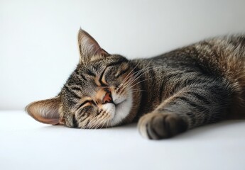 Relaxed Tabby Cat Sleeping Peacefully on Soft Surface with Eyes Closed in Natural Light, Capturing the Essence of Feline Tranquility and Comfort