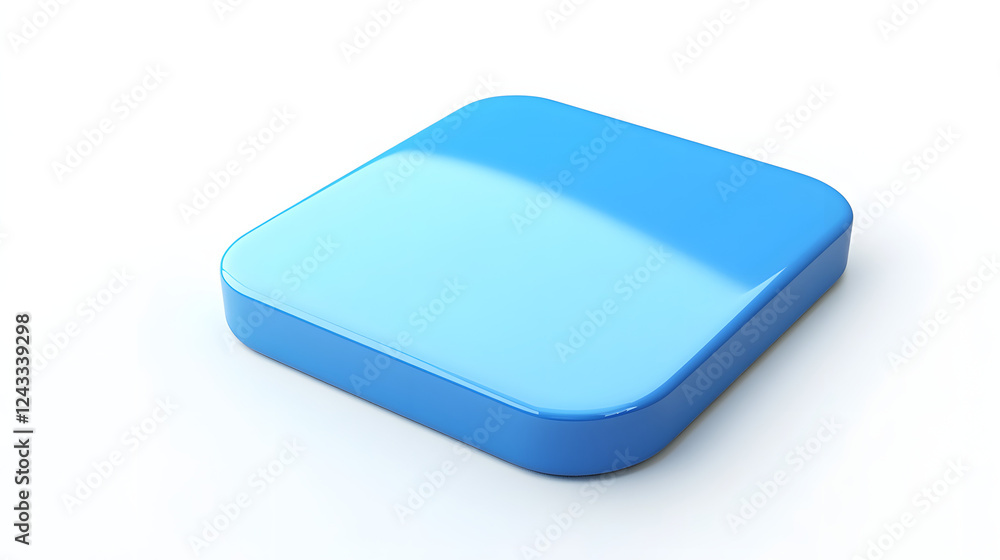Poster blank mobile application icon, button - blue square with round corners. 3d rendering, white backgrou
