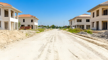 Under-construction residential area, sunny day, empty road, new houses. Possible use Stock photo for real estate, construction, or development