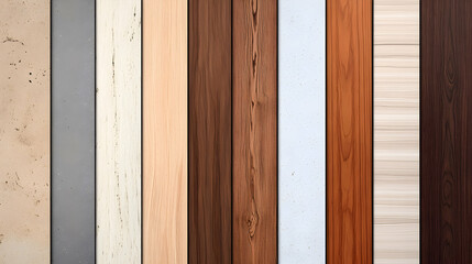 Variety of wood laminate samples, showing different textures and colors, for interior design. Suitable for home improvement or commercial applications