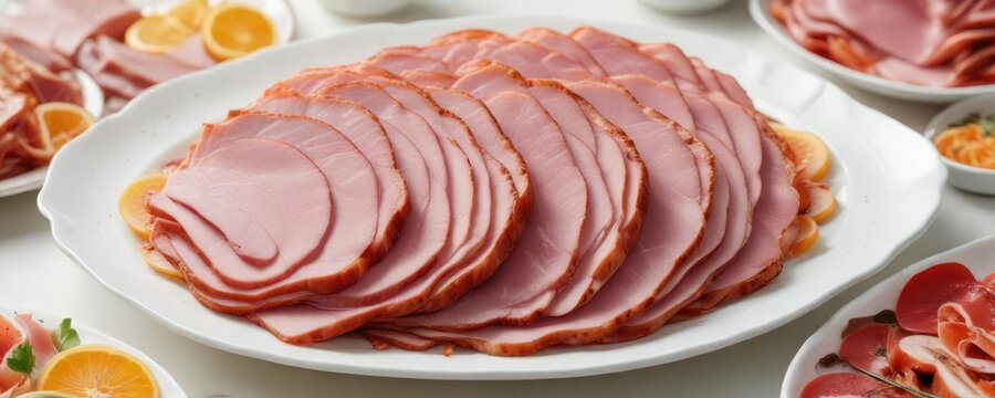 Thinly sliced ham arranged in a decorative pattern on a white porcelain platter, arrangement, ham, gastronomic art