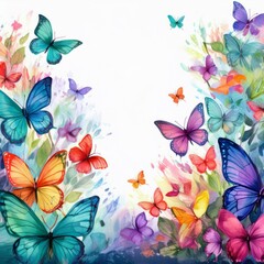 Fototapeta premium creative seamless border frame of colorful delicate butterflies on white background; concept for cards or backgrounds