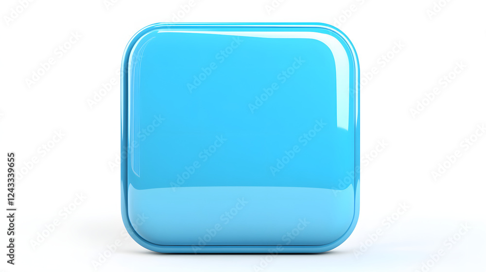Poster blank mobile application icon, button - blue square with round corners. 3d rendering, white backgrou
