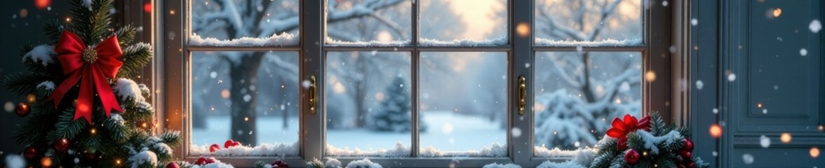 Sparkling snow-covered windows with festive holly and berries, winter, snow, scene
