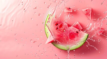 A bright splash of watermelon juice surrounded by tiny droplets on a solid pink background.