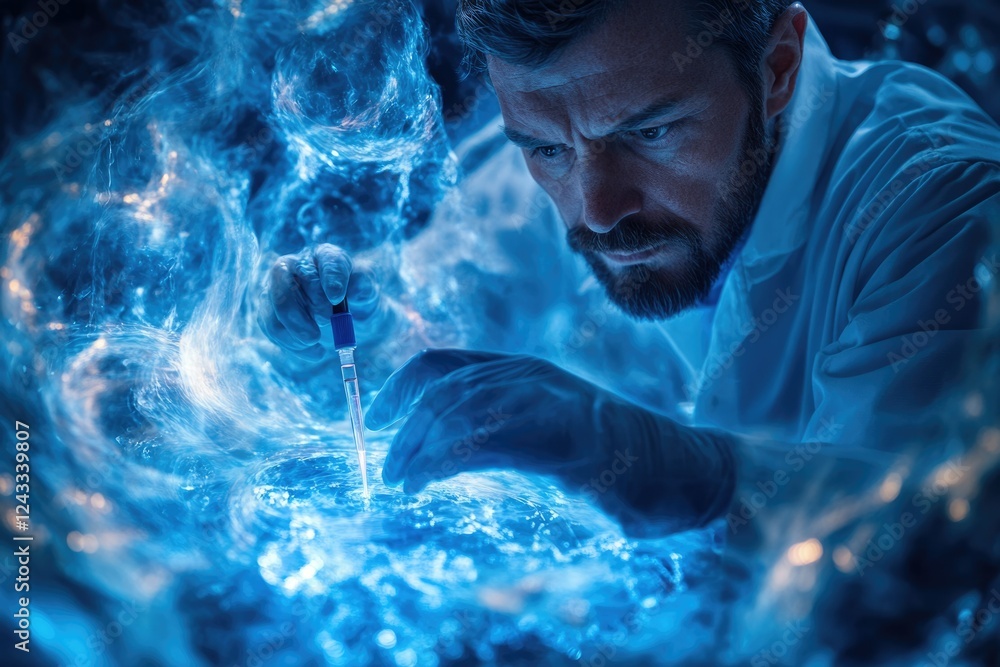 Poster a scientist meticulously uses a pipette in a glowing blue lab, conducting advanced research.