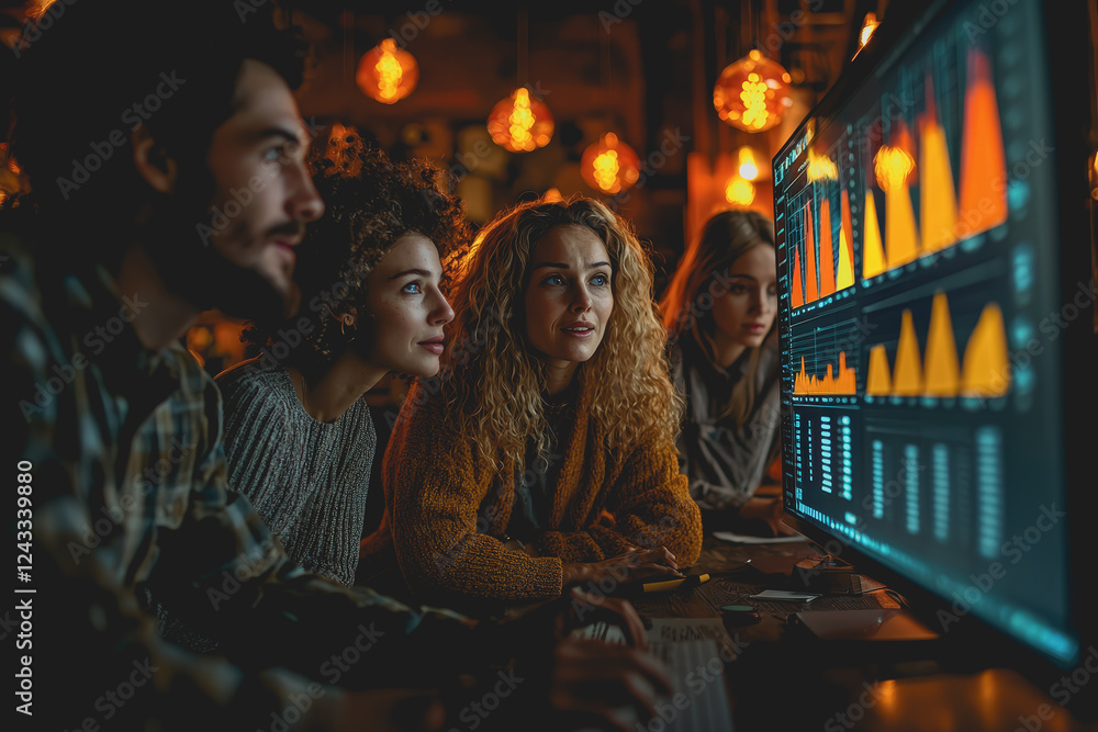 Poster group of diverse people collaborating and discussing while sitting around a computer in a modern off