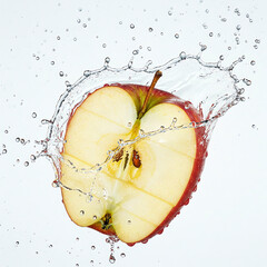 sliced red apple with water drops on white background