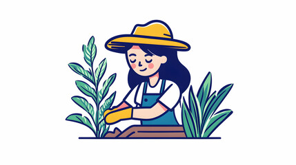 Woman gardening plants outdoor, happy, nature background, for blogs and websites