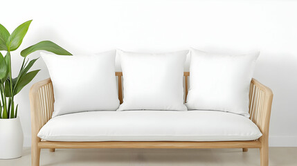 Obraz premium White pillows on light wooden couch, mock-up, plant