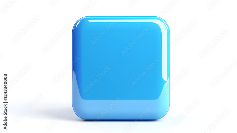 Poster blank mobile application icon, button - blue square with round corners. 3d rendering, white backgrou