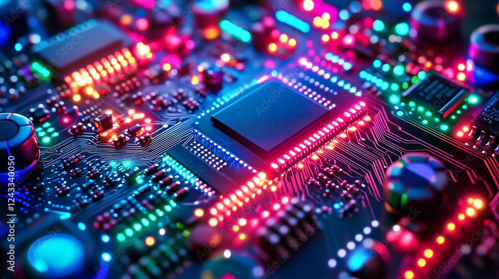 Poster high tech circuit board with glowing neon lights in red blue and green featuring modern electronic m