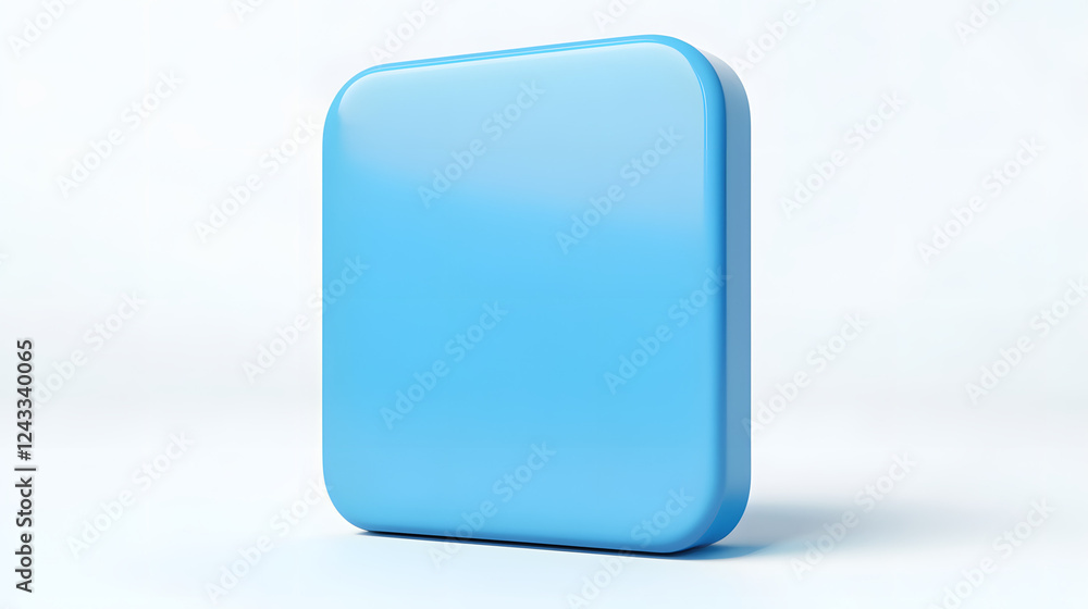 Poster blank mobile application icon, button - blue square with round corners. 3d rendering, white backgrou