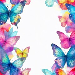 Fototapeta premium creative seamless border frame of colorful delicate butterflies on white background; concept for cards or backgrounds