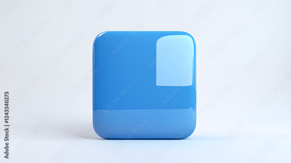 Poster blank mobile application icon, button - blue square with round corners. 3d rendering, white backgrou