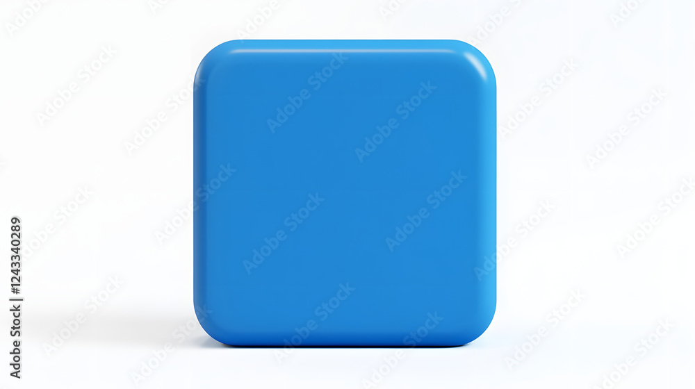 Poster blank mobile application icon, button - blue square with round corners. 3d rendering, white backgrou