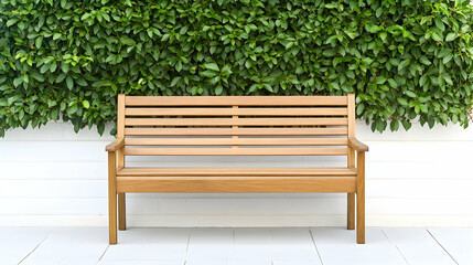 Fototapeta premium Wooden bench against a lush green hedge. Outdoor patio furniture, ideal for relaxation