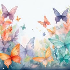 creative seamless border frame of colorful delicate butterflies on white background; concept for cards or backgrounds