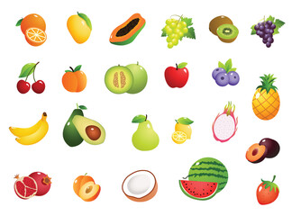 fruits icon and emoji, berries Melon pear mandarin watermelon apple orange isolated vector set. Peach and cherry, pineapple and apple, watermelon and banana, blueberry and lemon illustration