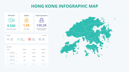 Naklejka premium Business Growth Infographic Map of Hong Kong. Orders, Customers, Sales Overview & product Infographic Map of Hong Kong. Easy to edit