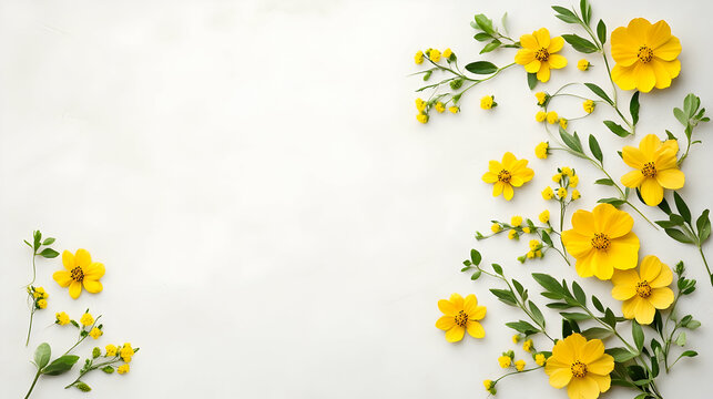 Yellow flowers arranged on a white background.  Possible use  Greeting card,  wallpaper, invitation