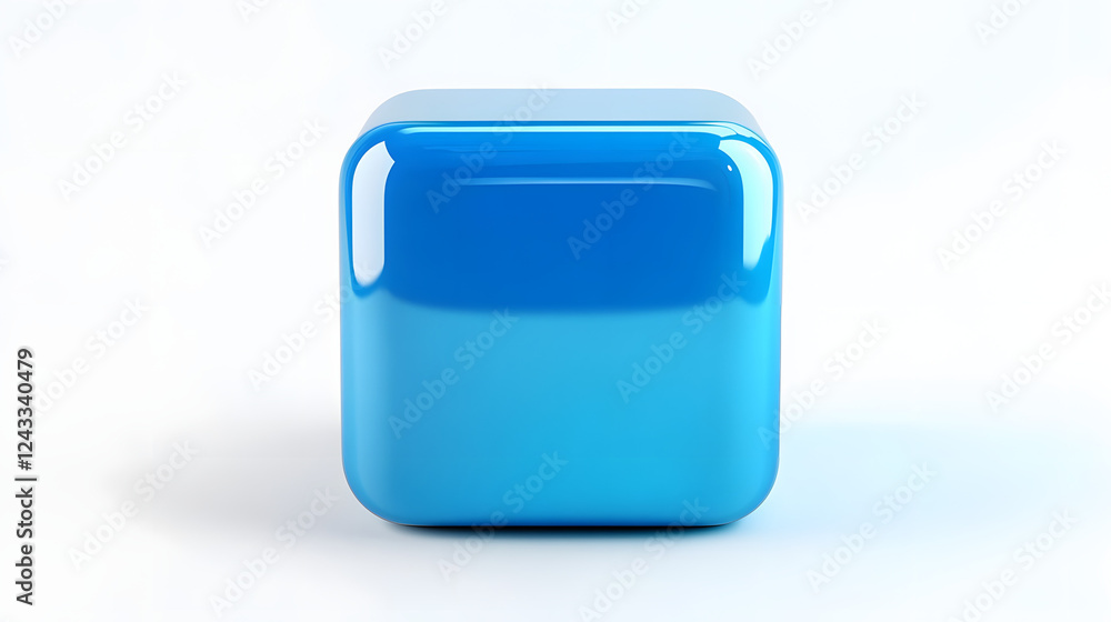 Poster blank mobile application icon, button - blue square with round corners. 3d rendering, white backgrou