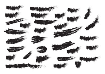 Black paint ink brush strokes, brushes, lines, grungy. Dirty artistic design elements, boxes, frames. Vector illustration. Isolated on white background.