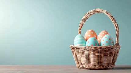 Easter day celebration with pastel tone easter eggs in a basket cozy indoor setting
