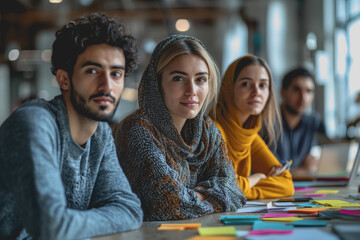 Group of diverse individuals seated around a table using laptops for work or collaboration in a modern office setting