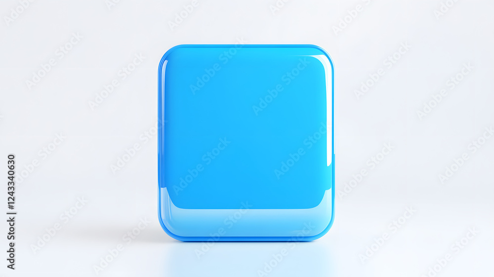 Poster blank mobile application icon, button - blue square with round corners. 3d rendering, white backgrou