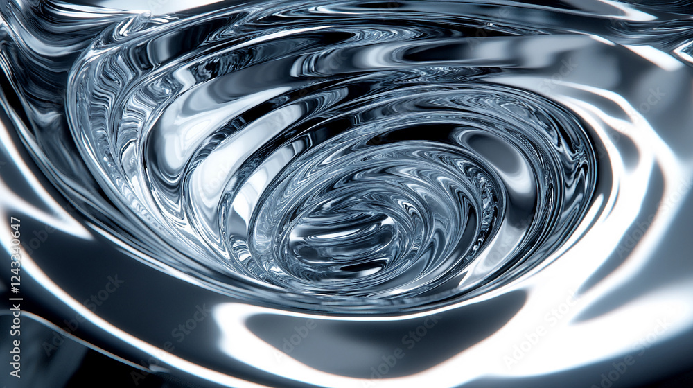 Poster close-up of swirling metallic liquid in shades of silver, showcasing a smooth fluid movement, with a