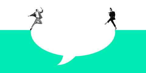 Business people, colleagues jump on a speech bubble with smartphones against white background. Remote business cooperation, deal. Concept of online communication, networking, corporate life