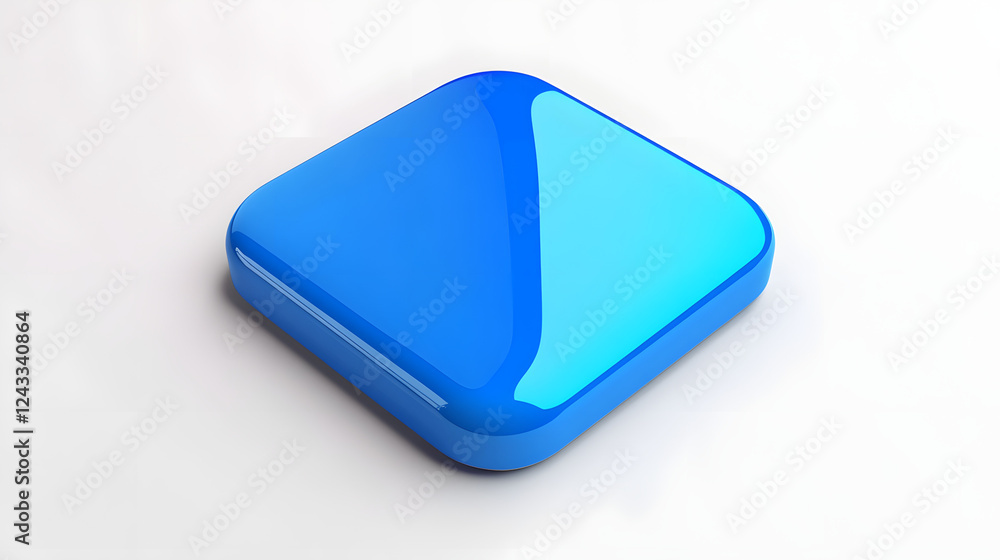 Poster blank mobile application icon, button - blue square with round corners. 3d rendering, white backgrou