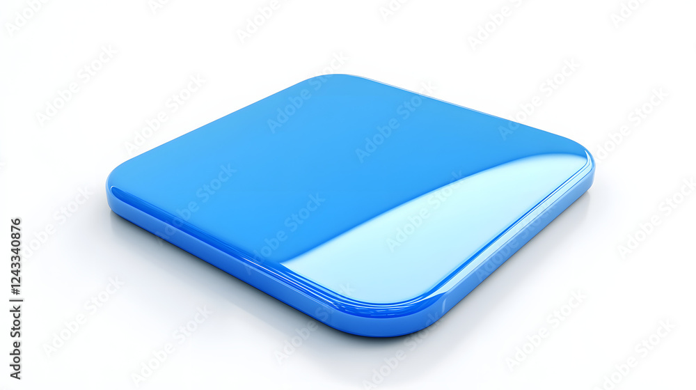 Poster blank mobile application icon, button - blue square with round corners. 3d rendering, white backgrou