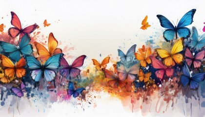 creative seamless border frame of colorful delicate butterflies on white background; concept for cards or backgrounds