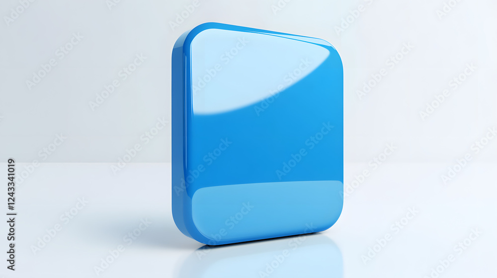 Poster blank mobile application icon, button - blue square with round corners. 3d rendering, white backgrou