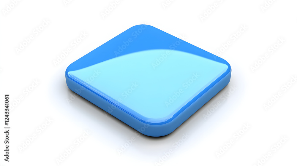 Poster blank mobile application icon, button - blue square with round corners. 3d rendering, white backgrou