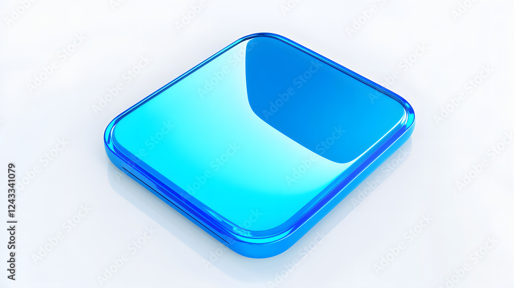 Poster blank mobile application icon, button - blue square with round corners. 3d rendering, white backgrou