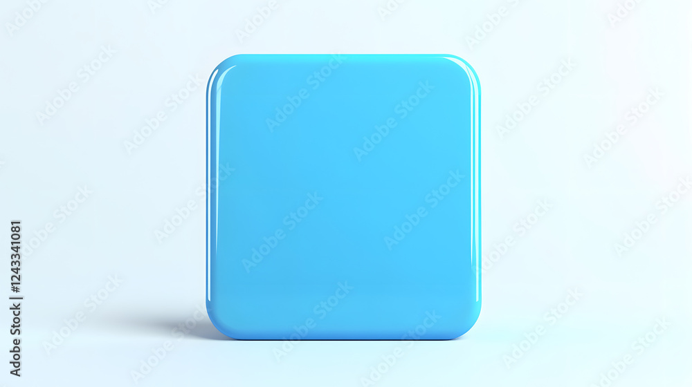 Poster blank mobile application icon, button - blue square with round corners. 3d rendering, white backgrou