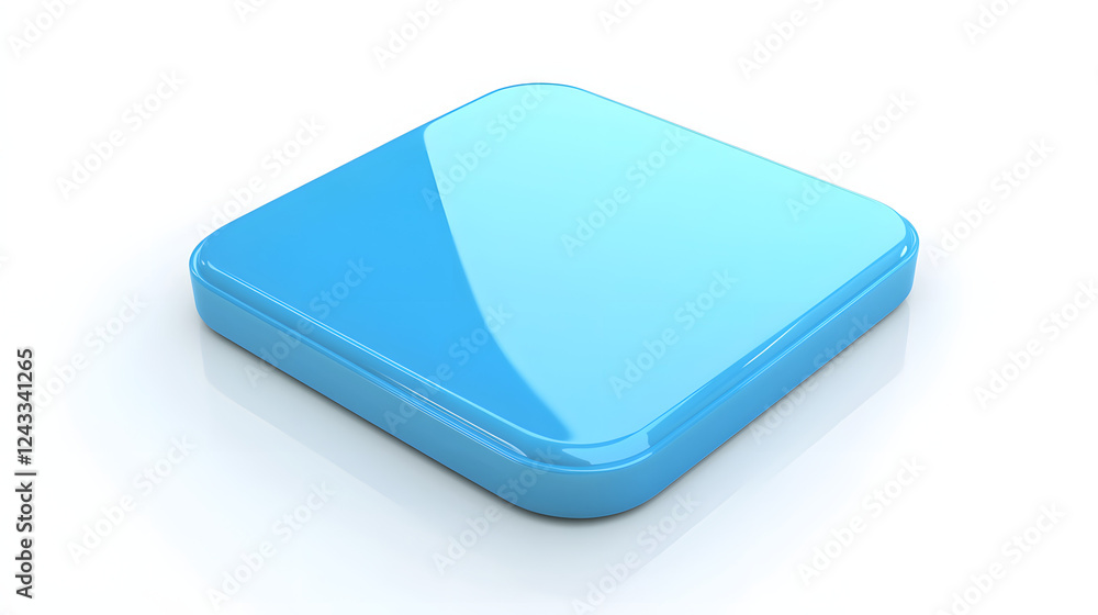 Poster blank mobile application icon, button - blue square with round corners. 3d rendering, white backgrou