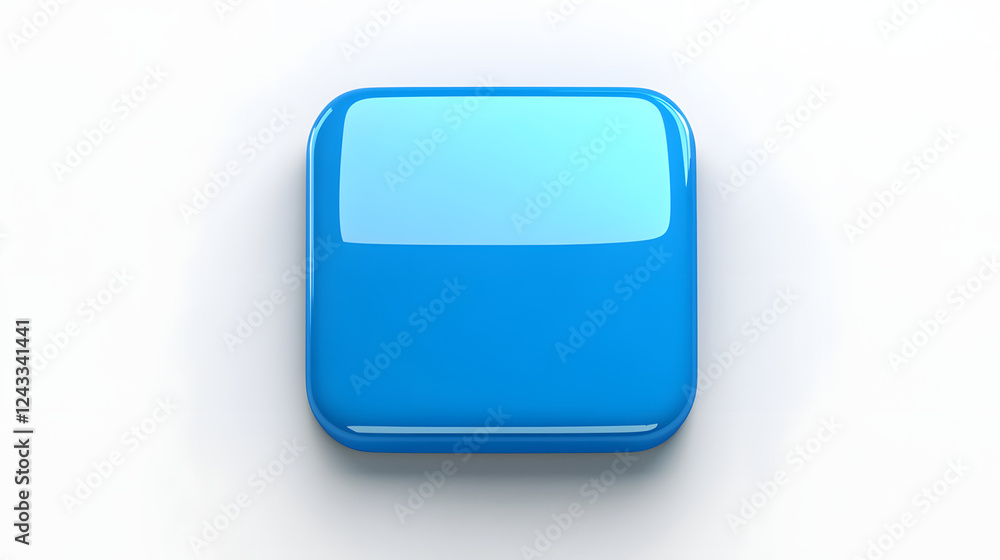 Poster blank mobile application icon, button - blue square with round corners. 3d rendering, white backgrou