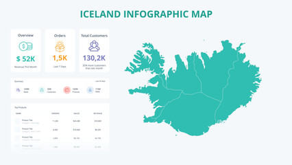 Obraz premium Business Growth Infographic Map of Iceland. Orders, Customers, Sales Overview & product Infographic Map of Iceland. Easy to edit