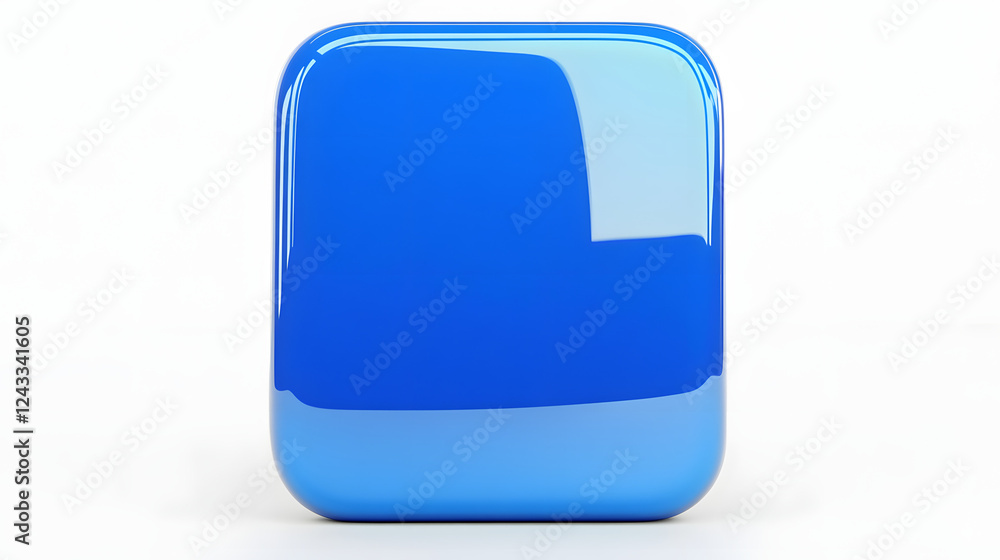 Poster blank mobile application icon, button - blue square with round corners. 3d rendering, white backgrou
