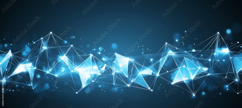 Poster abstract blue network with interconnected nodes and lines on a dark background with a bokeh effect
