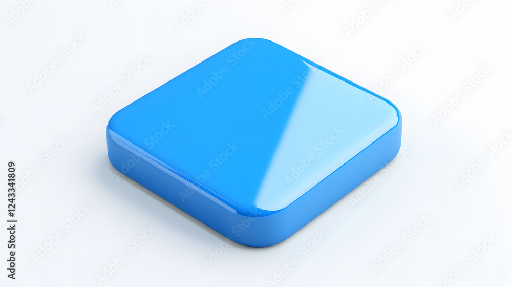 Poster blank mobile application icon, button - blue square with round corners. 3d rendering, white backgrou