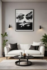 Trendy white sofa and black coffee table with art prints on wall, trendy, loft, urban, youth